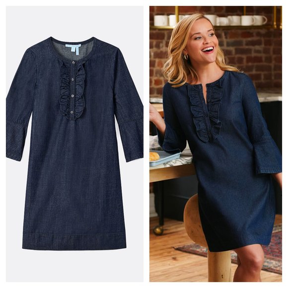 Sz 10 Draper James Chambray Ruffle Shift Dress in Dark Wash - Picture 5 of 16